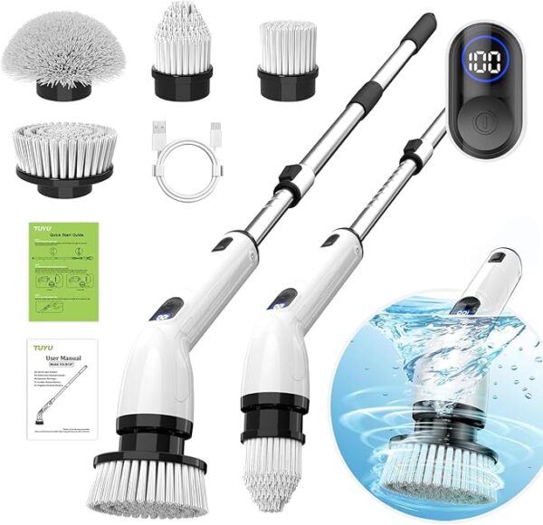TUYU cordless electric spin scrubber with LCD display, adjustable handle, and waterproof IPX7 body – ideal for cleaning bathrooms, showers, tubs, and walls