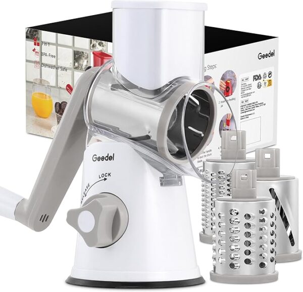 Geedel Rotary Cheese Grater & Vegetable Slicer – 3 Blades