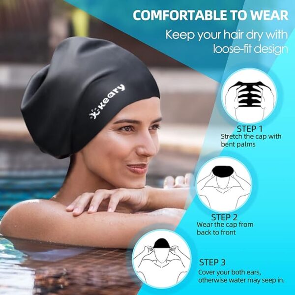 Keary Extra Large Swim Cap for Braids, Dreadlocks & Long Hair – Waterproof Silicone Cover for Adults & Youth, Easy to Wear & Keep Hair Dry - Image 4