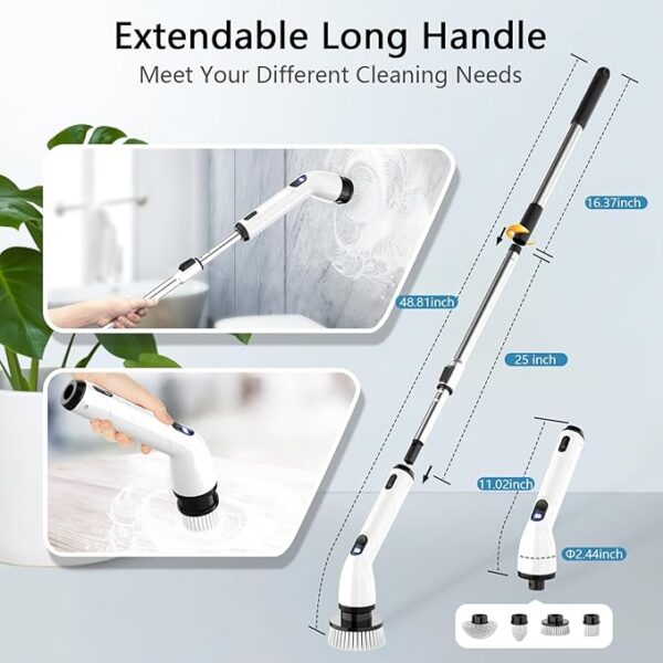 TUYU Electric Spin Scrubber – Cordless Shower & Bathroom Cleaner, IPX7 Waterproof, LCD Display, Adjustable Handle, Multi-Surface Cleaning Brush - Image 2