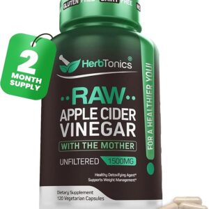 Herbtonics Raw Apple Cider Vinegar Capsules with Mother – 1500mg ACV Detox & Digestion Support – GLP-1 Metabolic Formula – 120 Vegan Capsules