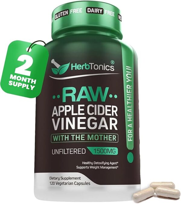 Herbtonics Raw Apple Cider Vinegar Capsules with Mother – 1500mg ACV Detox & Digestion Support – GLP-1 Metabolic Formula – 120 Vegan Capsules