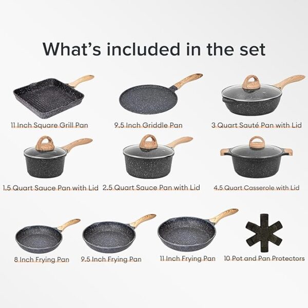 JEETEE 23-Piece Nonstick Pots and Pans Set – Granite Stone Cookware for Induction, PFOA-Free, Healthy Kitchen Cooking Set (Gray) - Image 2