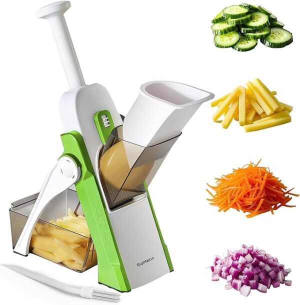 SupMaKin Safe Mandoline Slicer for Kitchen – Adjustable Vegetable Chopper, Potato & French Fry Cutter, Dishwasher Safe, Green