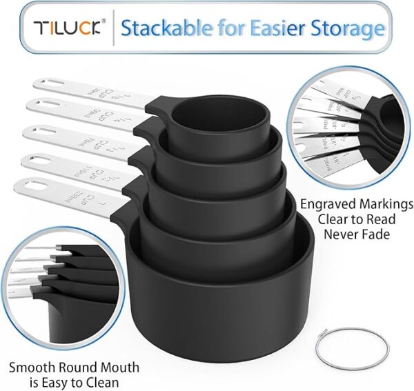 TILUCK Measuring Cups and Spoons Set – Stackable Black Nesting Kitchen Tools with Stainless Steel Handles for Cooking & Baking - Image 3