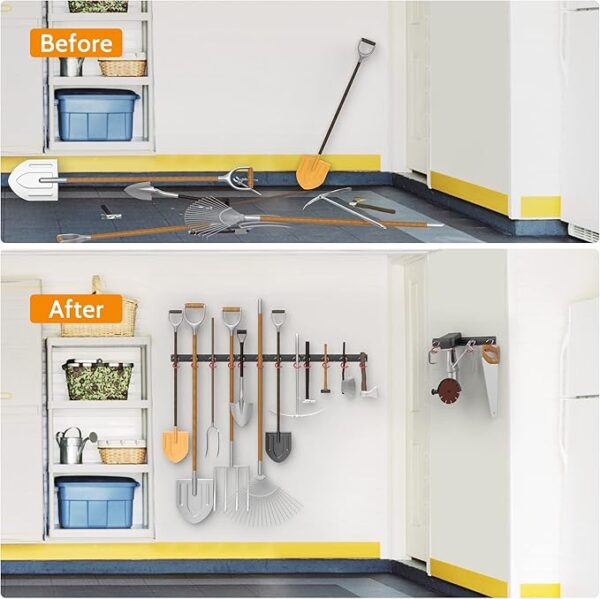 All-Metal 64" Wall Mount Garden Tool Organizer – Garage Tool Rack with 4 Rails & 16 Hooks for Rake, Shovel, Mop, Broom & Yard Equipment - Image 2