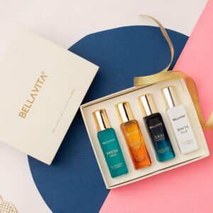 BellaVita Luxury Unisex Cologne Gift Set (4x20ml) – Mini Travel Perfume for Men & Women – Includes Honey OUD, SKAI, FRESH & White OUD – Spicy Vanilla Fragrance Oil