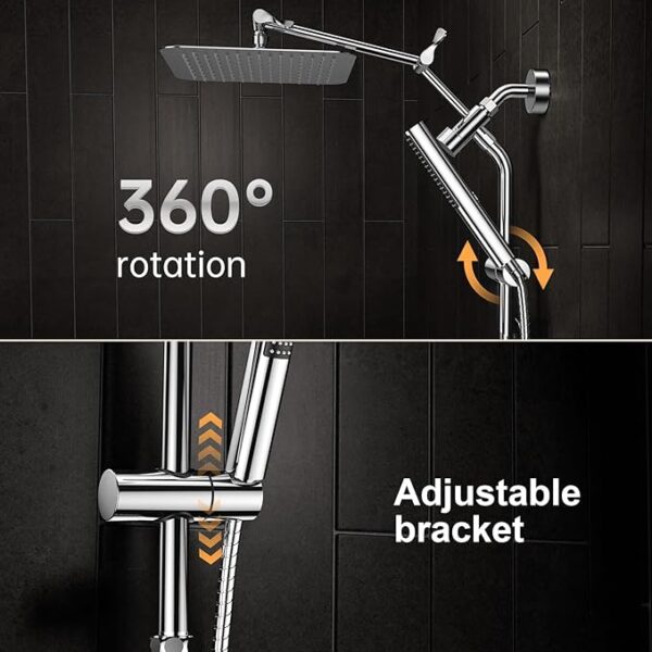 Veken 10" Luxurious All-Metal Rain Shower Head with Handheld Combo – High-Pressure Dual Square Showerheads with Extension Arm, Chrome Silver - Image 3