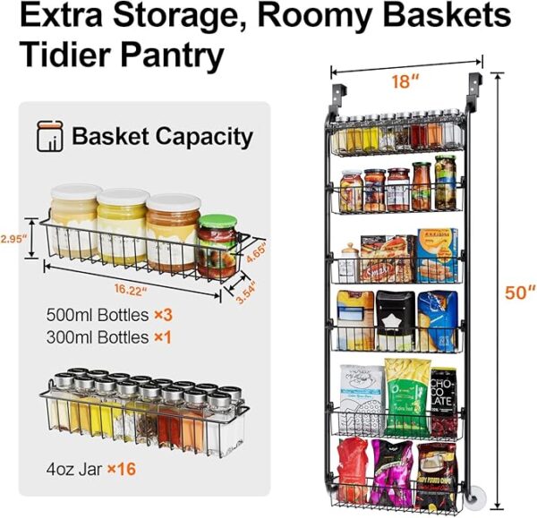 Over the Door Heavy-Duty Metal Organizer – 6-Tier Pantry Storage Rack, Easy Install, Space-Saving Door Rack Organizer, Black (D4.65 x W18 x H50 inch) - Image 2