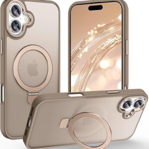 Magnetic iPhone 16 case with bronze ring stand, slim translucent shockproof cover offering 10FT drop protection and velvety matte touch. Image source: Amazon