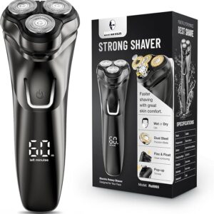 Cordless electric razor for men – waterproof rotary shaver with pop-up trimmer, USB charging, suitable for wet or dry shaving. Image source from Amazon