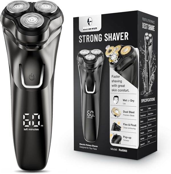 Cordless electric razor for men – waterproof rotary shaver with pop-up trimmer, USB charging, suitable for wet or dry shaving. Image source from Amazon