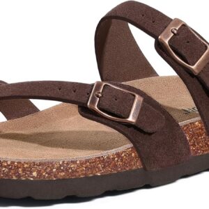 Litfun Women's Suede Cork Footbed Sandals – Comfortable Summer Slides with Adjustable Buckle