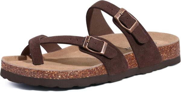 Litfun Women's Suede Cork Footbed Sandals – Comfortable Summer Slides with Adjustable Buckle