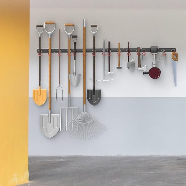 All-Metal 64" Wall Mount Garden Tool Organizer – Garage Tool Rack with 4 Rails & 16 Hooks for Rake, Shovel, Mop, Broom & Yard Equipment - Image 3