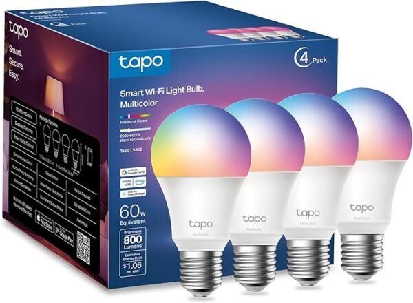 Tapo TP-Link smart light bulbs 4-pack with RGBW color changing, dimmable 800LM output, WiFi control, compatible with Alexa and Google Home Image resources from Amazon