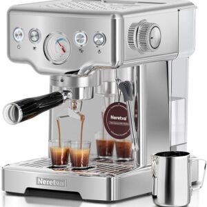 Neretva silver 15-bar espresso coffee machine with pressure gauge and milk frother – stainless steel home barista setup for lattes and cappuccinos Image Source Amazon
