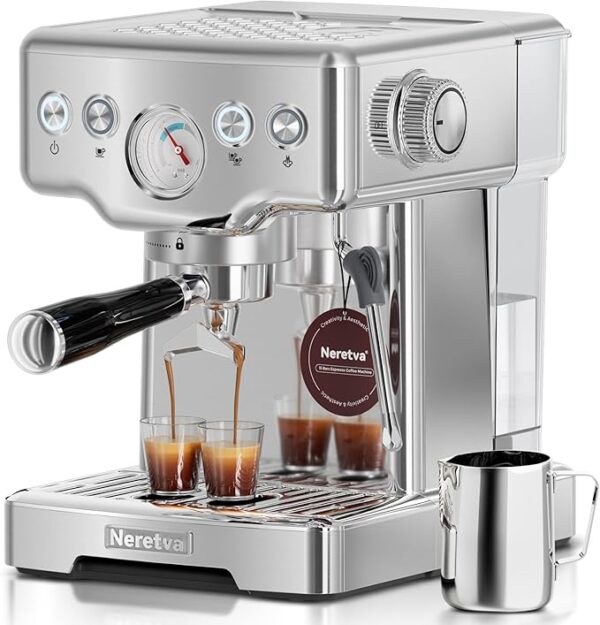 Neretva silver 15-bar espresso coffee machine with pressure gauge and milk frother – stainless steel home barista setup for lattes and cappuccinos Image Source Amazon