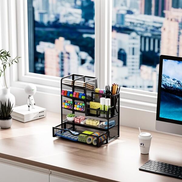 Marbrasse Mesh Pen Holder with Drawer – Multi-Functional Desk Organizer for Office & Art Supplies (Black) - Image 2