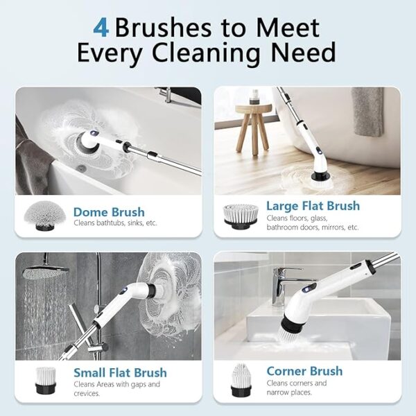TUYU Electric Spin Scrubber – Cordless Shower & Bathroom Cleaner, IPX7 Waterproof, LCD Display, Adjustable Handle, Multi-Surface Cleaning Brush - Image 3