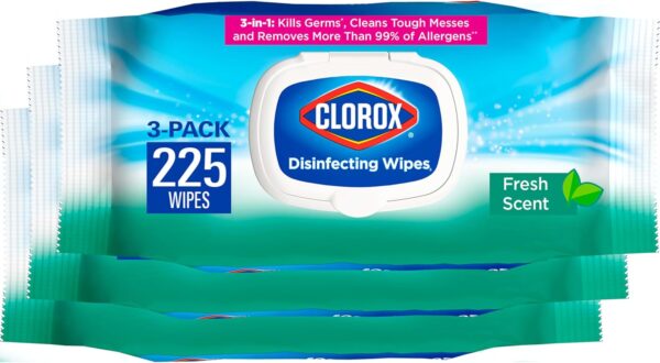 Clorox Disinfecting Wipes, Bleach-Free, Fresh Scent, 75 Count (Pack of 3) – Moisture Seal Lid, Household Cleaning Essentials