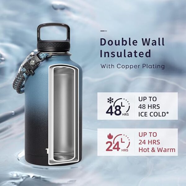 Trebo 64oz Insulated Water Bottle – Stainless Steel, Paracord Handle, Leakproof, with Strap, Straw & Spout Lids – Indigo/Black - Image 2