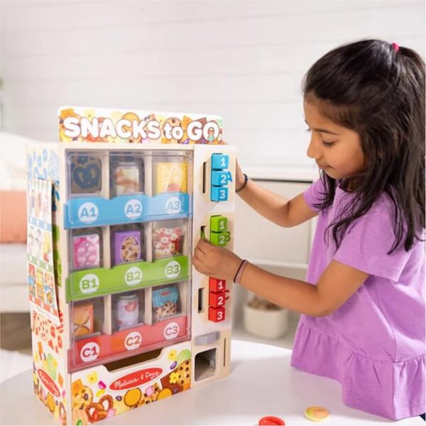 Melissa & Doug Wooden Vending Machine Play Set – Sort, Stock & Select Pretend Play Food Toy for Boys & Girls Ages 3+ - Image 3