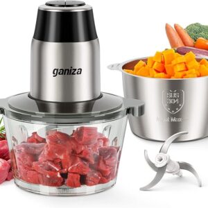 GANIZA electric food chopper and meat grinder with 450W copper motor, two 8-cup bowls, and dual bi-level blades – ideal for vegetables, fruits, nuts, and meats Image Source: Amazon