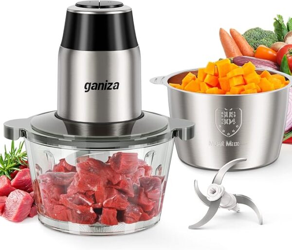 GANIZA electric food chopper and meat grinder with 450W copper motor, two 8-cup bowls, and dual bi-level blades – ideal for vegetables, fruits, nuts, and meats Image Source: Amazon