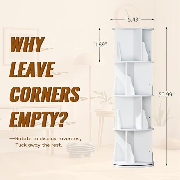 YESHOMY 4-Tier Rotating Bookshelf – 360° Round Tower Bookcase for Small Spaces (White Milk) - Image 4