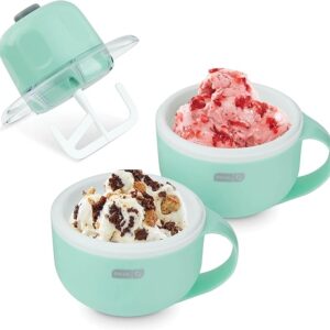 DASH My Mug Ice Cream Maker in aqua color with 2 bowls, ingredient chute, and compact design – perfect for homemade gelato, soft serve, and sorbet Image Source: Amazon