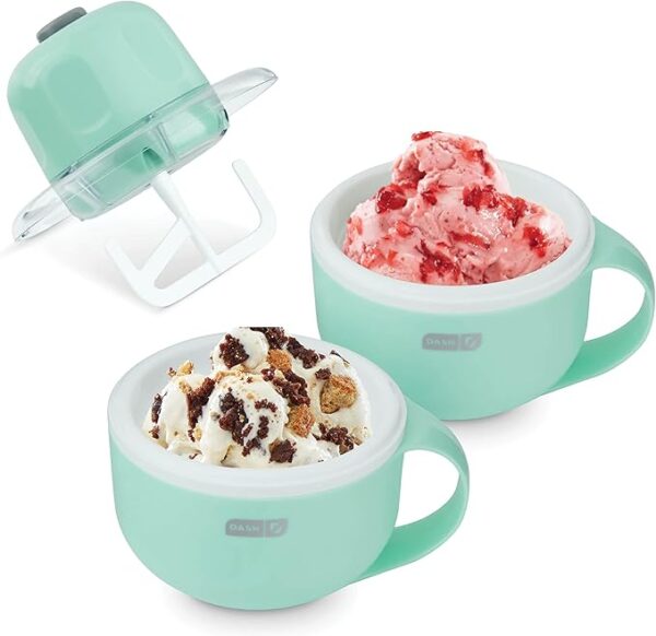 DASH My Mug Ice Cream Maker in aqua color with 2 bowls, ingredient chute, and compact design – perfect for homemade gelato, soft serve, and sorbet Image Source: Amazon