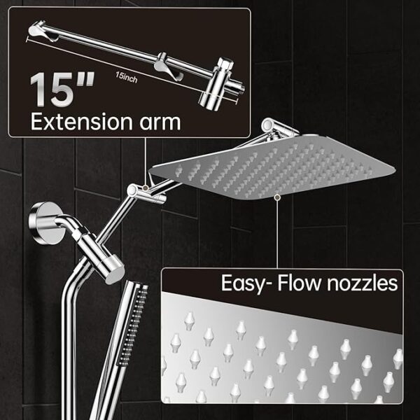 Veken 10" Luxurious All-Metal Rain Shower Head with Handheld Combo – High-Pressure Dual Square Showerheads with Extension Arm, Chrome Silver - Image 2