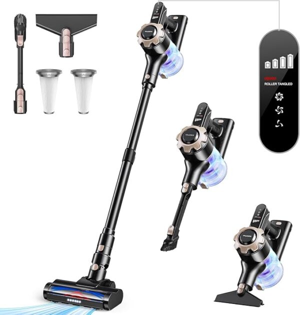 Cordless 8-in-1 stick vacuum cleaner in black – lightweight rechargeable vacuum with powerful suction for pet hair, tile, hardwood floors, and carpet Image resources from Amazon