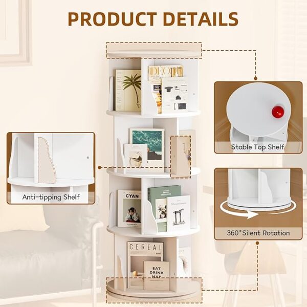 YESHOMY 4-Tier Rotating Bookshelf – 360° Round Tower Bookcase for Small Spaces (White Milk) - Image 3