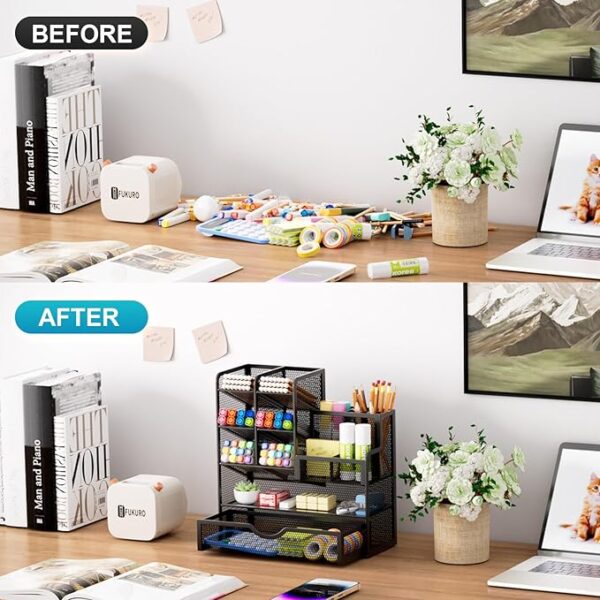 Marbrasse Mesh Pen Holder with Drawer – Multi-Functional Desk Organizer for Office & Art Supplies (Black) - Image 4
