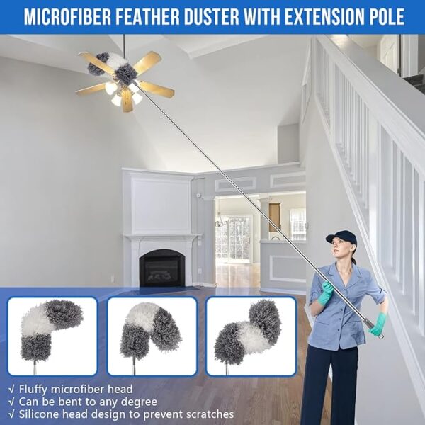 Retractable Microfiber Duster for Cleaning – 30" to 100" Extension Pole, Bendable Feather Duster for High Ceilings, Fans, Furniture & Gaps - Image 2