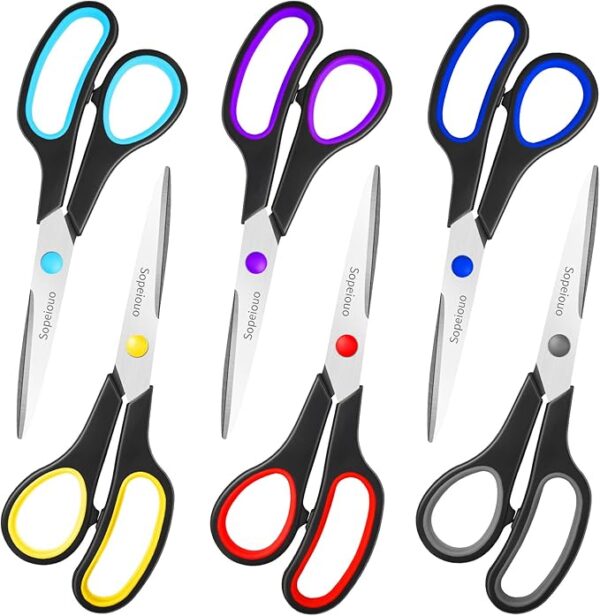 Set of 6 sharp 8-inch all-purpose scissors with comfort-grip handles – ideal for home, office, school, crafts, and both left/right-handed users Image resources from Amazon