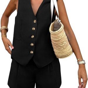 PRETTYGARDEN women’s summer 2 piece outfit featuring sleeveless button-down V-neck vest and matching shorts with pockets – USA casual fashion look