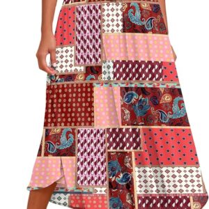 Zeagoo women’s pleated midi skirt in brown leaf print, flowy A-line design with high waist and elastic waistband, casual boho fashion in XXL Image resources from Amazon