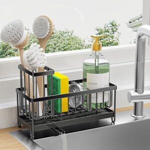 Cisily Black Sponge Holder for Kitchen Sink – Rustproof Stainless Steel Sink Caddy Organizer with Brush & Soap Dispenser Holder – Kitchen Counter Storage