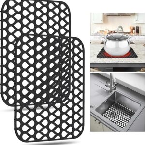 2 PCS Silicone Sink Protectors for Kitchen Sink – Non-Slip Bottom Mats (13.58"x11.6") Compatible with Farmhouse, Stainless Steel, and Porcelain Sinks – Black