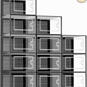 Kuject 12-pack extra-large clear shoe storage boxes in black – stackable plastic organizer bins for sneakers, toys, closet shelves, or under-bed storage Image resources from Amazon