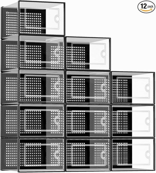 Kuject 12-pack extra-large clear shoe storage boxes in black – stackable plastic organizer bins for sneakers, toys, closet shelves, or under-bed storage Image resources from Amazon