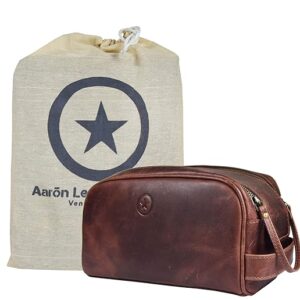 Dark brown premium leather toiletry travel pouch by Aaron Leather Goods with waterproof lining and zipper top – ideal for men’s grooming essentials. Image source from Amazon