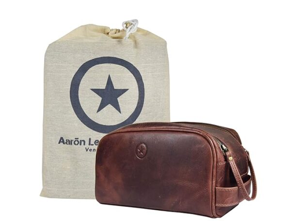 Dark brown premium leather toiletry travel pouch by Aaron Leather Goods with waterproof lining and zipper top – ideal for men’s grooming essentials. Image source from Amazon