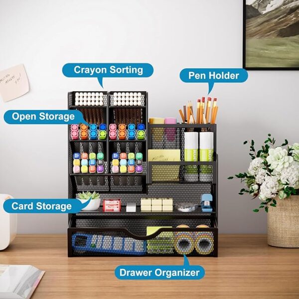 Marbrasse Mesh Pen Holder with Drawer – Multi-Functional Desk Organizer for Office & Art Supplies (Black) - Image 3