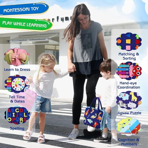 Esjay Toddler Busy Board – Montessori Sensory Toy for Fine Motor Skills Development – Travel Toy for Toddlers, Blue Dinosaur - Image 4
