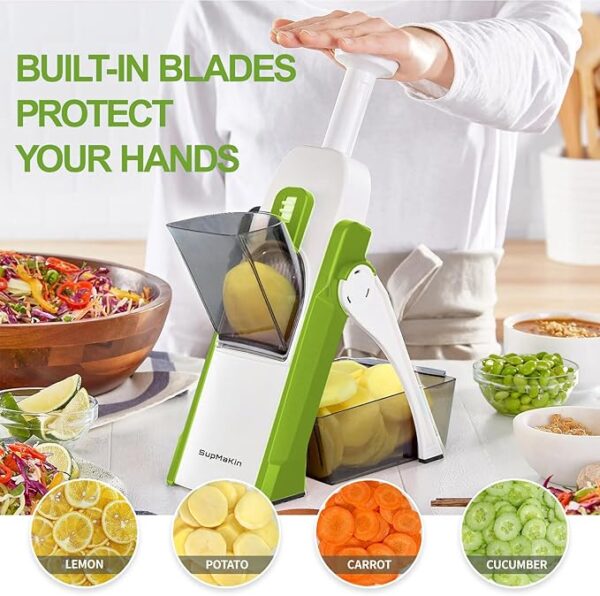 SupMaKin Safe Mandoline Slicer for Kitchen – Adjustable Vegetable Chopper, Potato & French Fry Cutter, Dishwasher Safe, Green - Image 2