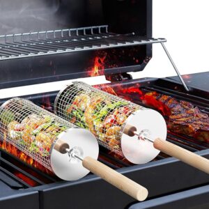 Rolling Grill Basket Set (2PCS) – Stainless Steel BBQ Tool with Wooden Handle for Vegetables, Shrimp & More